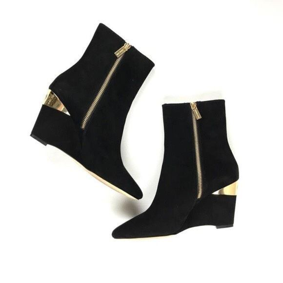 Michael Kors Suede Leather Wedge Booties with Gold Accents - Picture 1 of 11